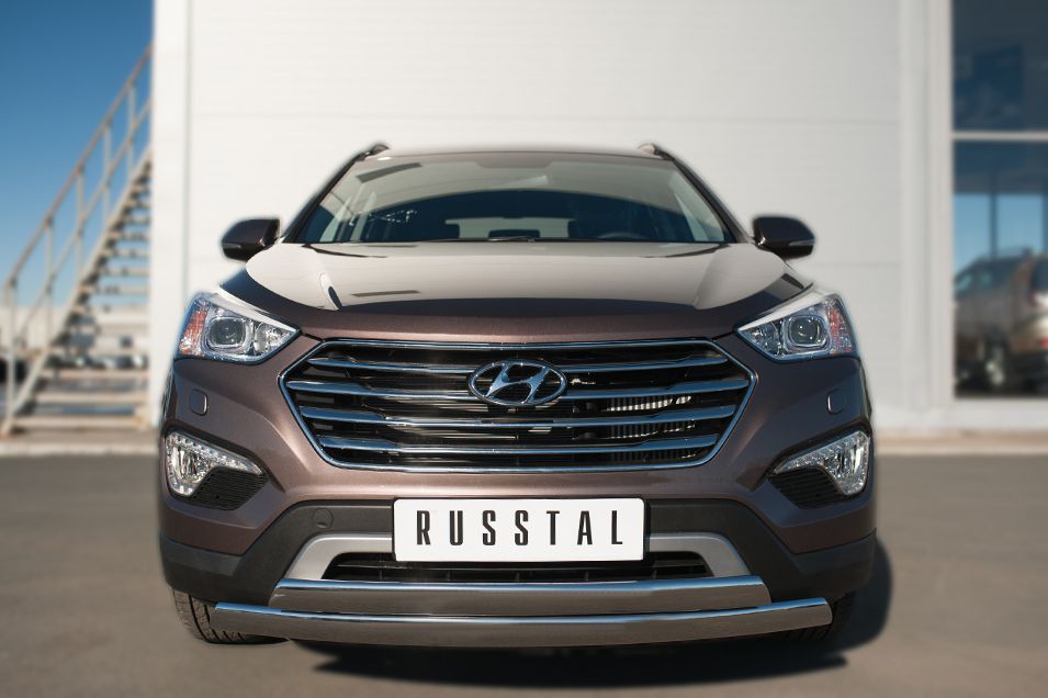 Защита RusStal переднего бампера d74х42 (дуга) d75х42 (дуга) для Hyundai Grand Santa Fe 2014-2016. Артикул HSFZ-002006