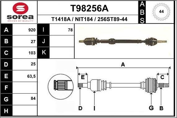 Полуось (привод в сборе, приводной вал) EAI. Артикул T98256A