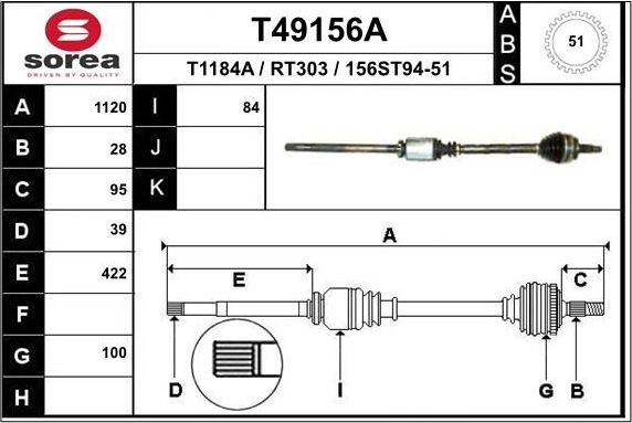 Полуось (привод в сборе, приводной вал) EAI. Артикул T49156A