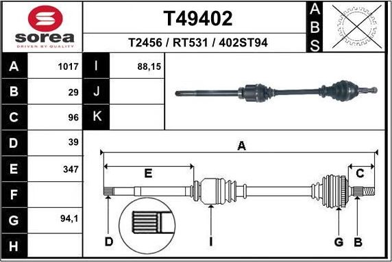 Полуось (привод в сборе, приводной вал) EAI. Артикул T49402