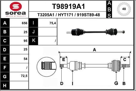 Полуось (привод в сборе, приводной вал) EAI. Артикул T98919A1