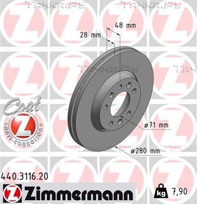 Тормозной диск Zimmermann Coat Z передний для Peugeot Expert II 2007-2016. Артикул 440.3116.20