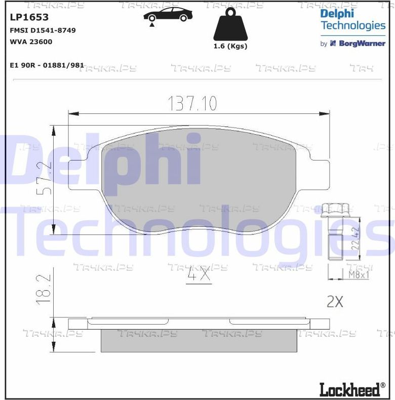 Тормозные колодки Delphi (Low-Metallic) передние для Fiat Idea 2004-2016. Артикул LP1653