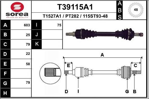 Полуось (привод в сборе, приводной вал) EAI. Артикул T39115A1