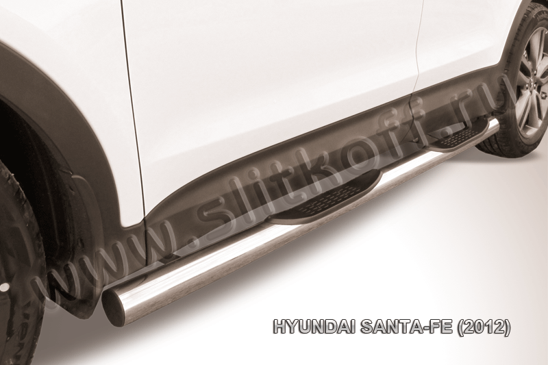 Пороги Slitkoff труба d76 с проступями для Hyundai Santa Fe III 2012-2018. Артикул HSFT12-006