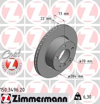 Тормозной диск Zimmermann Coat Z передний для BMW 1 II (F20/F21) 2011-2019. Артикул 150.3496.20