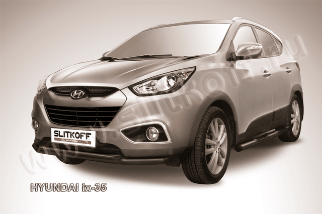 Защита Slitkoff переднего бампера d57/42 двойная ЧЕРНАЯ матовая для Hyundai ix35 2009-2026. Артикул Hix35-002B