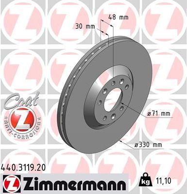 Тормозной диск Zimmermann Coat Z передний для Peugeot 607 I 2000-2011. Артикул 440.3119.20