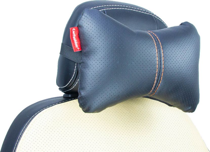 Подушка под шею CarFashion ортопедическая Экокожа, цвет Черный/Черный/Оранжевый. Артикул 41105