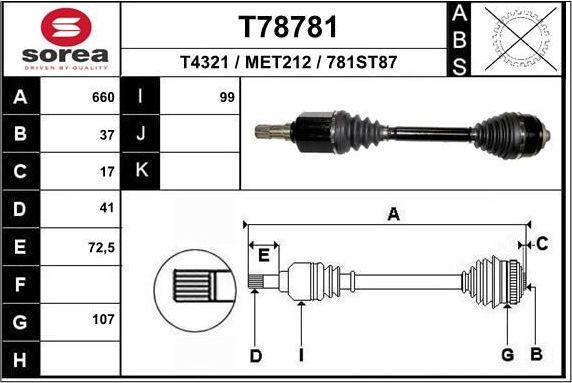 Полуось (привод в сборе, приводной вал) EAI для Mercedes-Benz Sprinter 907, 910 2018-2026. Артикул T78781