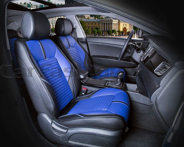 Накидки универсальные CarFashion Sector Leather на передние сидения авто, цвет Черный/Синий/Черный. Артикул 21382