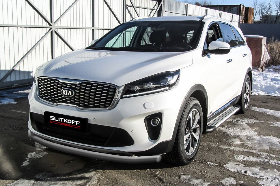 Защита Slitkoff переднего бампера d57 для Kia Sorento III (Prime) рестайлинг 2017-2020 Серебристая. Артикул KS17-002S