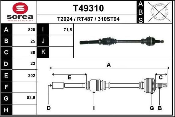 Полуось (привод в сборе, приводной вал) EAI. Артикул T49310