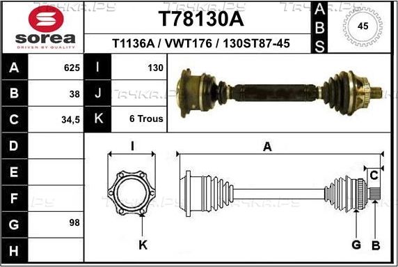 Полуось (привод в сборе, приводной вал) EAI. Артикул T78130A