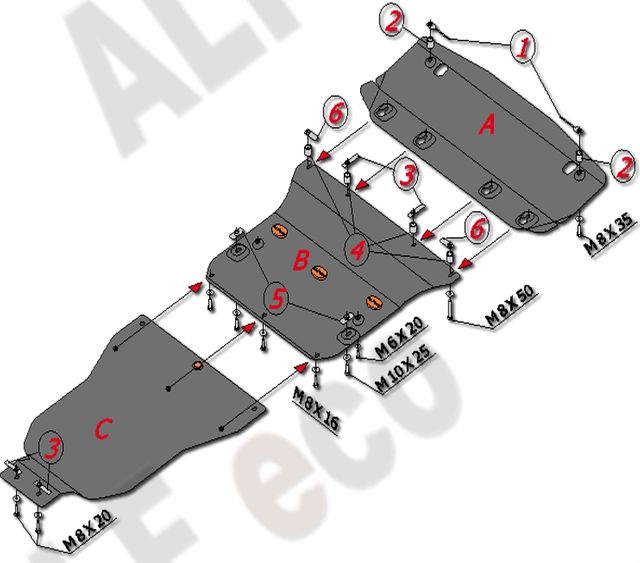 Защита алюминиевая Alfeco для радиатора, картера и АКПП Mercedes-Benz С-Класс W203, С240 2000-2007. Артикул ALF.36.11al