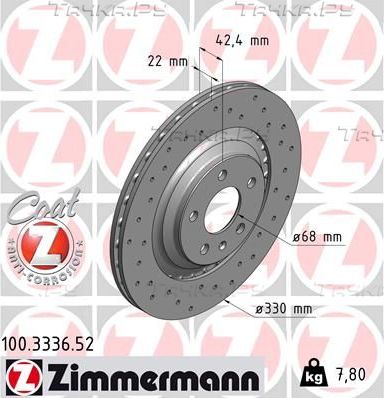 Тормозной диск Zimmermann Sport Coat Z задний для Audi A7 I (4G) 2010-2015. Артикул 100.3336.52