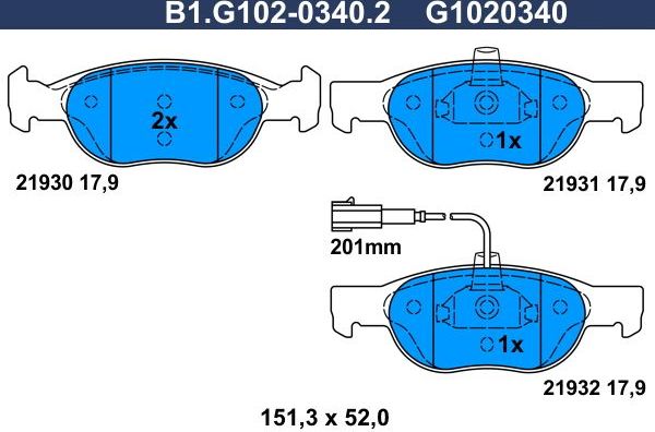 Тормозные колодки Galfer передние для Fiat Marea 1996-2002. Артикул B1.G102-0340.2