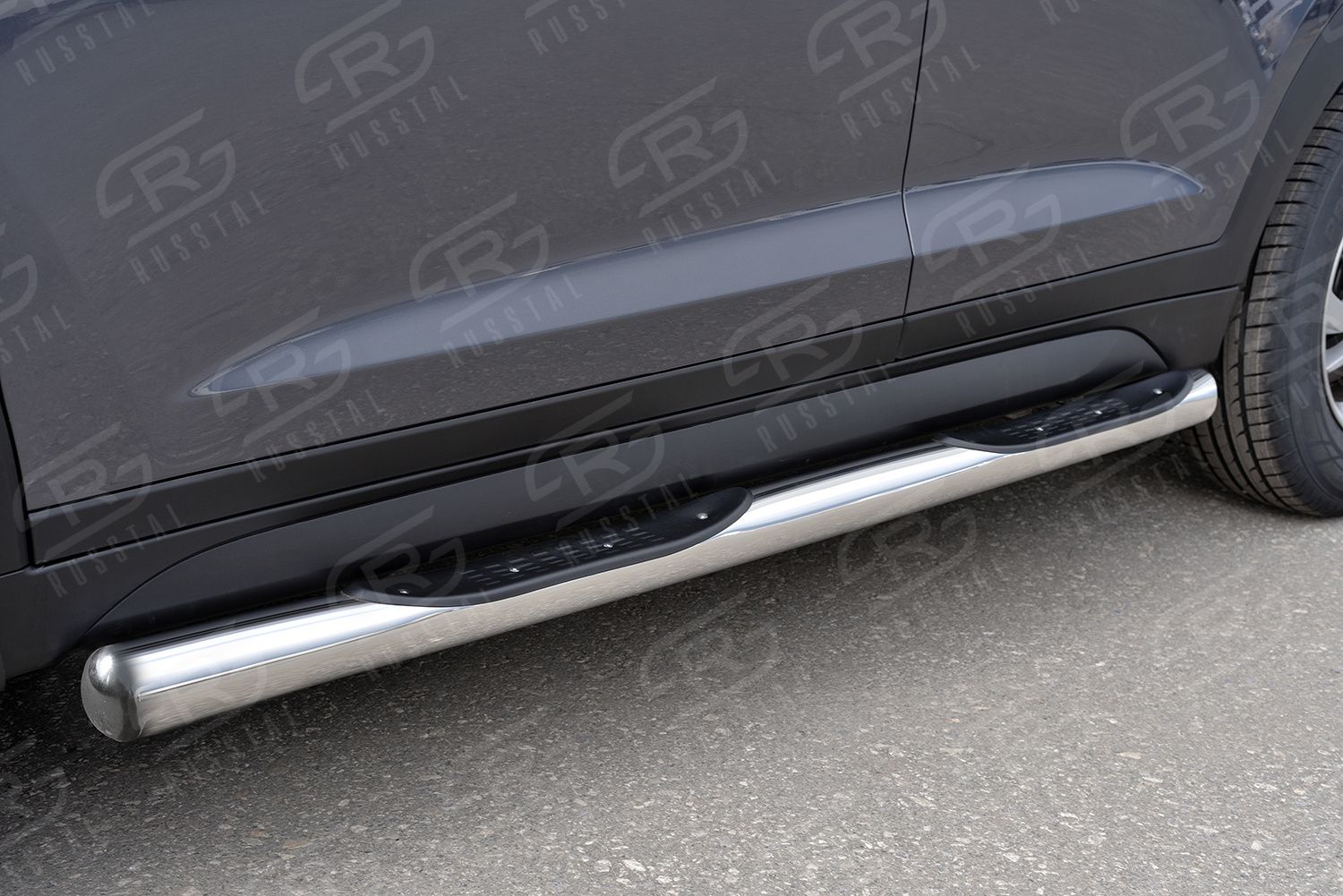 Защита порогов РусCталь труба d76 с накладкой (вариант 3) для Hyundai Tucson III 2015-2018. Артикул HTT-0022343