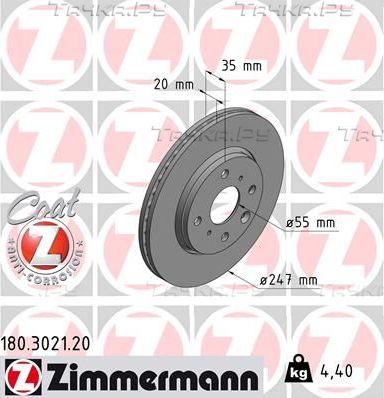 Тормозной диск Zimmermann Coat Z передний для Citroen C1 I 2005-2014. Артикул 180.3021.20