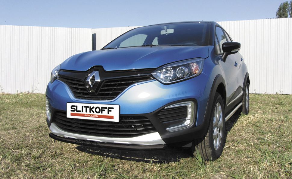 Защита Slitkoff переднего бампера d42 с надписью для Renault Kaptur 4WD 2016-2026 Черная. Артикул RK4WD001B
