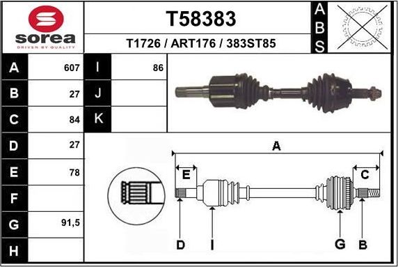 Полуось (привод в сборе, приводной вал) EAI. Артикул T58383