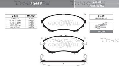 Тормозные колодки GoodWill передние для Mazda BT-50 I 2006-2015. Артикул 1044 F