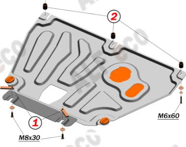 Защита алюминиевая Alfeco для картера и КПП (на пыльник с уст. на штатные точки крепления) Kia Rio IV (вкл. X-Line) 2017-2026. Артикул ALF.10.50 AL4