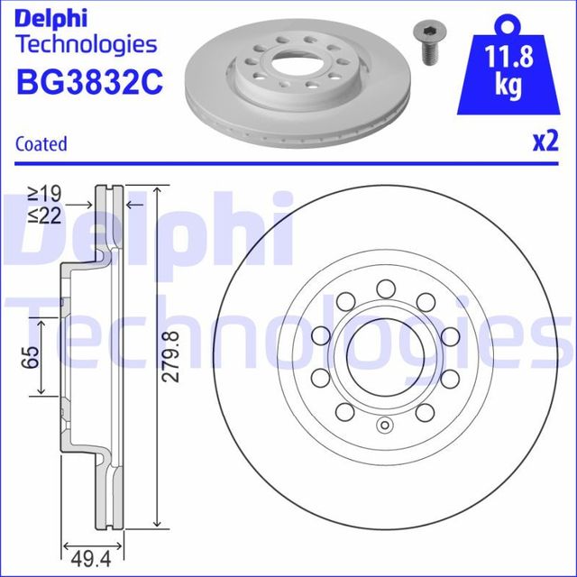 Тормозной диск Delphi передний для Volkswagen Golf VI 2007-2013. Артикул BG3832C