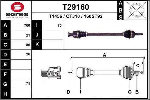 Полуось (привод в сборе, приводной вал) EAI. Артикул T29160