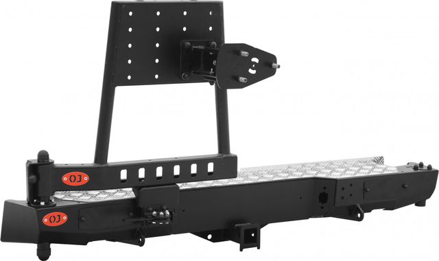 Бампер силовой OJ задний с левой универсальной калиткой с кронштейном запаски (лифт 50) для Nissan NP300 2005-2026. Артикул 03.405.03