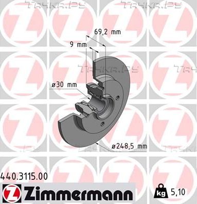 Тормозной диск Zimmermann задний для Citroen C3 II 2009-2016. Артикул 440.3115.00