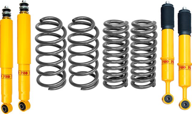 Лифт-комплект РИФ средний для Toyota FJ Cruiser 2006-2008, лифт 45 мм, нагрузка передних пружин +50 кг, задних до +0-200 кг. Артикул RIF-TLC120-B