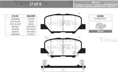 Тормозные колодки GoodWill задние для Mazda 6 III (GJ) 2012-2026. Артикул 2120 R