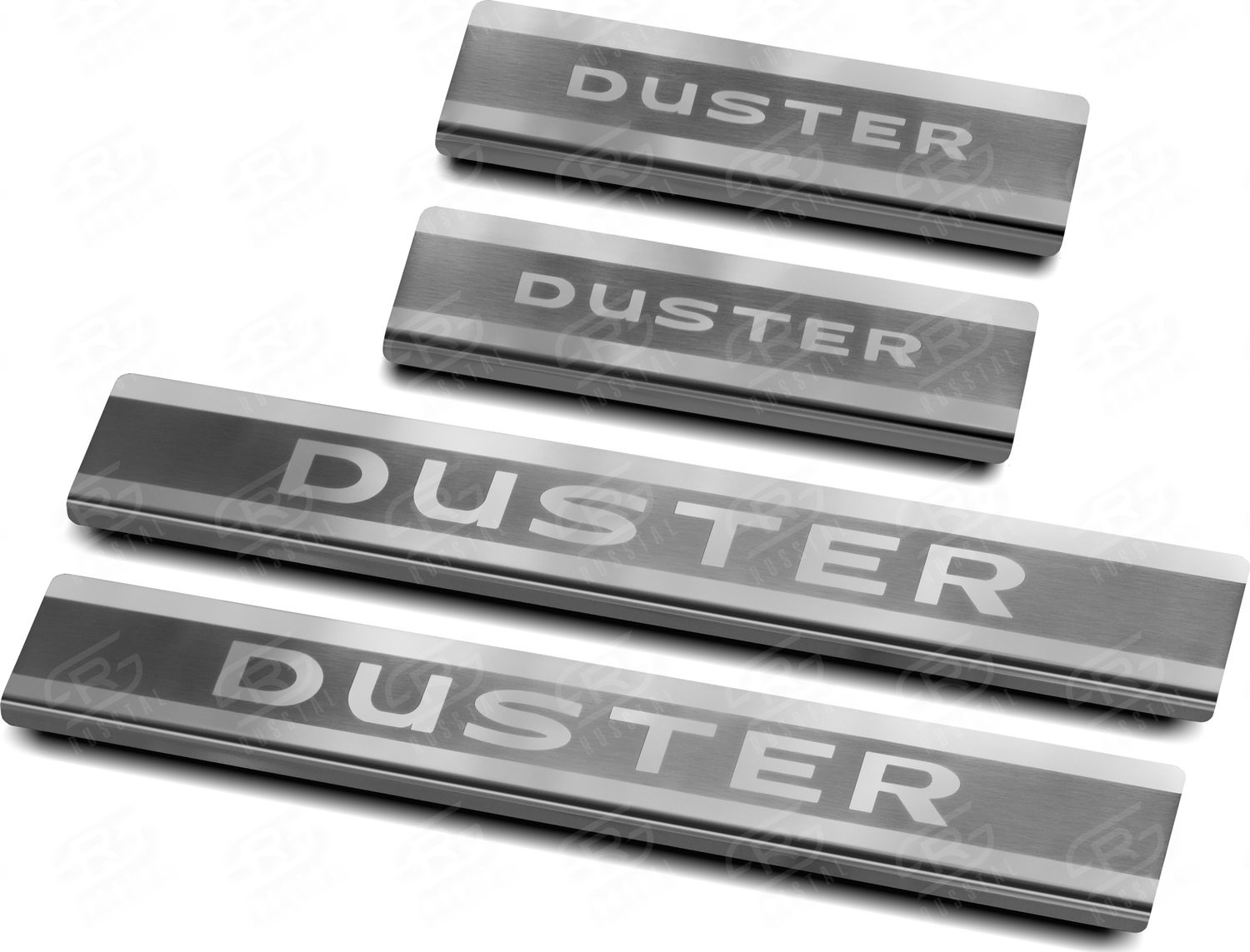 Накладки RusStal на пороги (лист нерж. шлифованный с надписью) для Renault Duster II 2021-2026. Артикул RND21-03