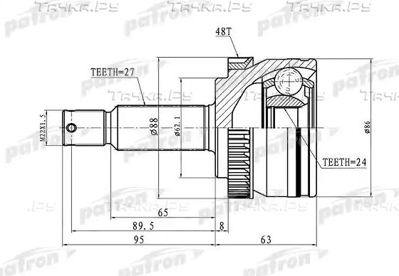 Шрус наружный (граната) Patron передний для Kia Sportage II 2004-2010. Артикул PCV3036