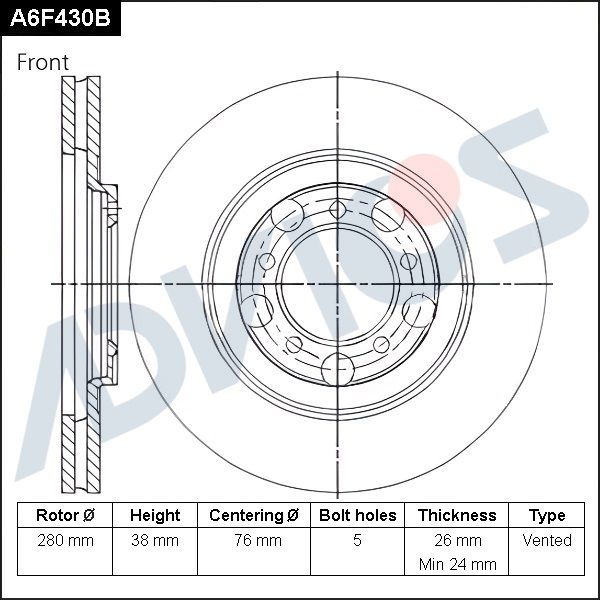 Тормозной диск Advics для Toyota Crown IX (S140) 1991-1999. Артикул A6F430B