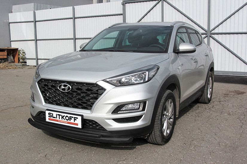 Защита Slitkoff переднего бампера d57+d42 двойная для Hyundai Tucson III рестайлинг 2018-2026 Черная. Артикул HT18001В