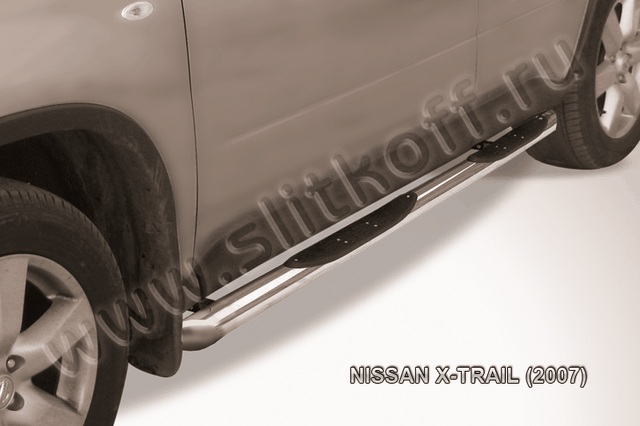 Пороги Slitkoff труба d76 с проступями со скосами для Nissan X-Trail T31 2007-2010. Артикул NXT014