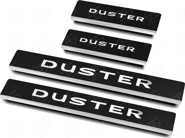 Накладки RusStal на пороги (лист нерж. карбон с надписью) для Renault Duster II 2021-2026. Артикул RND21-06