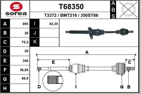 Полуось (привод в сборе, приводной вал) EAI. Артикул T68350