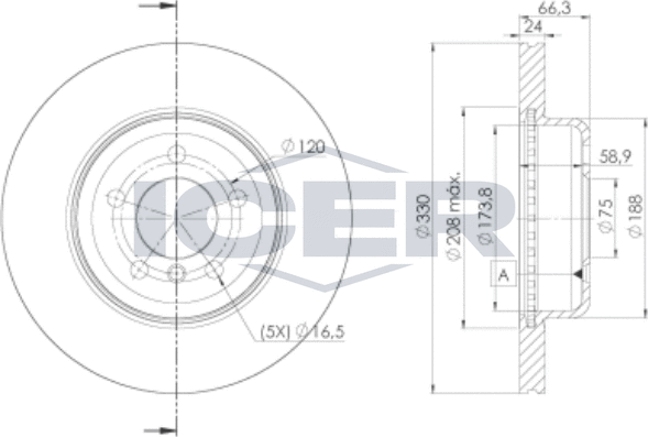 Тормозной диск Icer передний для BMW 5 VI (F10/F11/F07) 2009-2017. Артикул 78BD3555-2