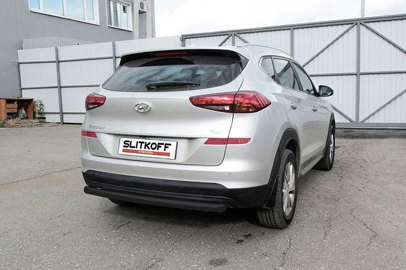 Защита Slitkoff заднего бампера d57 длинная для Hyundai Tucson III рестайлинг 2018-2026 Черная. Артикул HT18006В