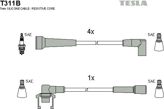 Высоковольтные провода (провода зажигания) (комплект) Tesla для Renault 21 1986-1994. Артикул T311B