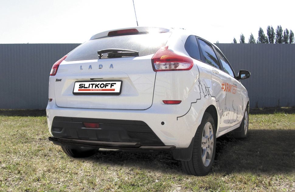 Защита Slitkoff заднего бампера d42 + d42 двойная для Lada Xray 2015-2026 Черная. Артикул LadXR013B