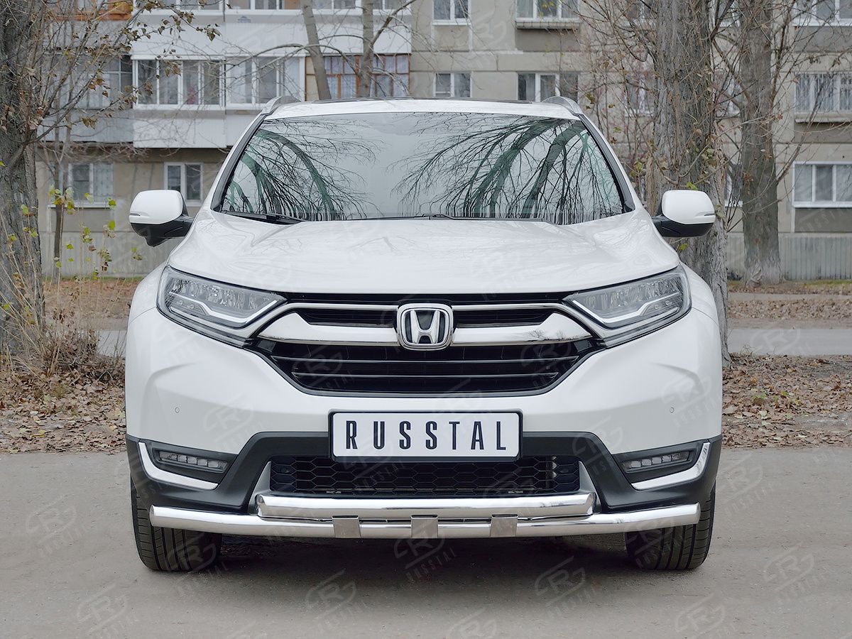 Защита РусCталь переднего бампера d63 секции-d63 секции с декором для Honda CR-V V до рестайлинга 2016-2020. Артикул HCRZ-002827