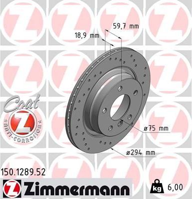 Тормозной диск Zimmermann Sport Coat Z задний для BMW 3 IV (E46) 1997-2007. Артикул 150.1289.52