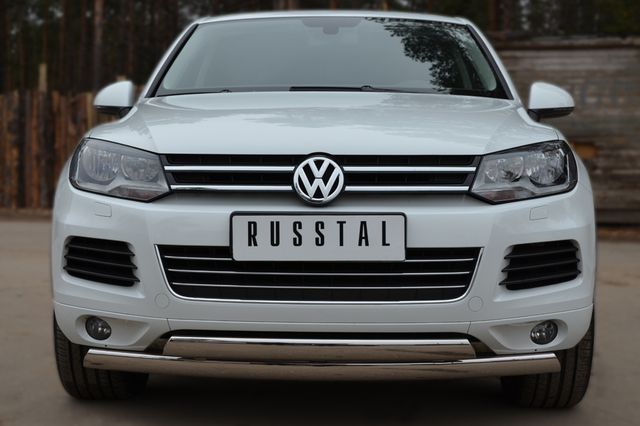 Защита RusStal переднего бампера d75х42/75х42 овалы (дуга) для Volkswagen Touareg II до рестайлинга 2010-2013. Артикул VTZ-001069