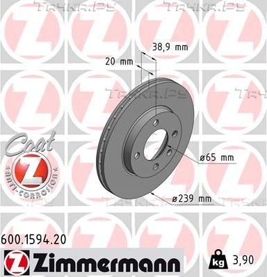 Тормозной диск Zimmermann Coat Z передний для Volkswagen Scirocco I 1976-1980. Артикул 600.1594.20