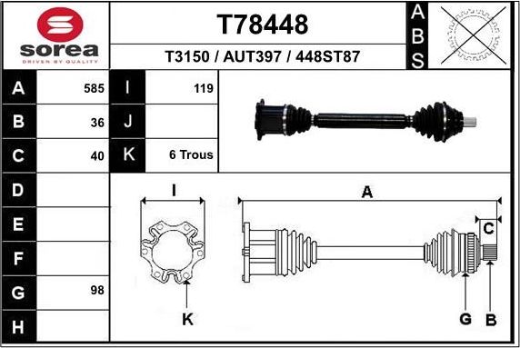 Полуось (привод в сборе, приводной вал) EAI для Audi TT I (8N) 2003-2006. Артикул T78448