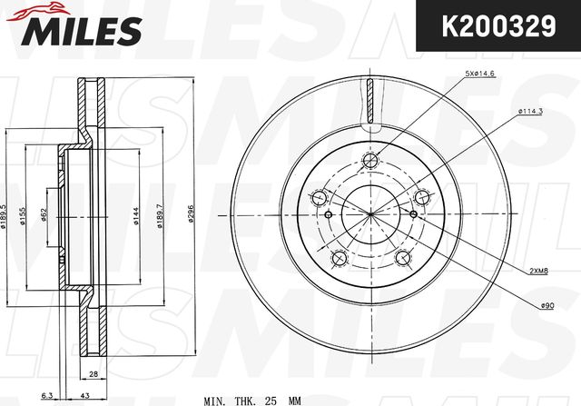 Тормозной диск Miles передний для Toyota Auris II 2012-2018. Артикул K200329